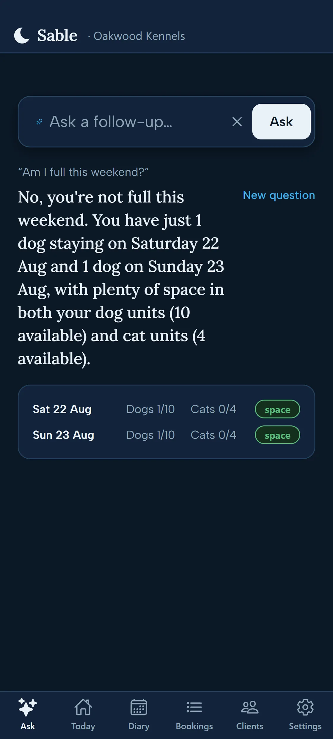 Ask Sable answering 'Am I full this weekend?' with per-day dog and cat occupancy