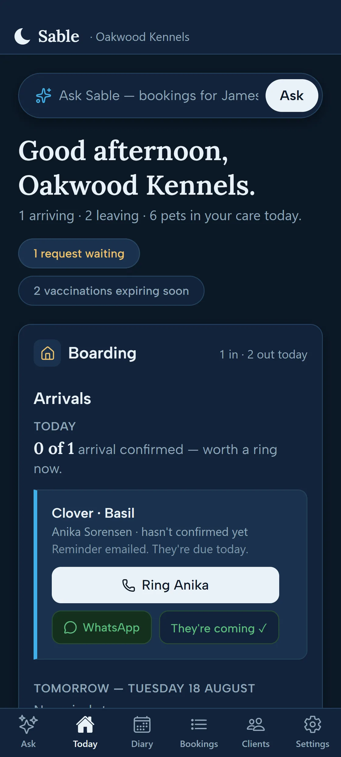 The Today screen: arrivals, requests waiting, failed payments and expiring vaccinations