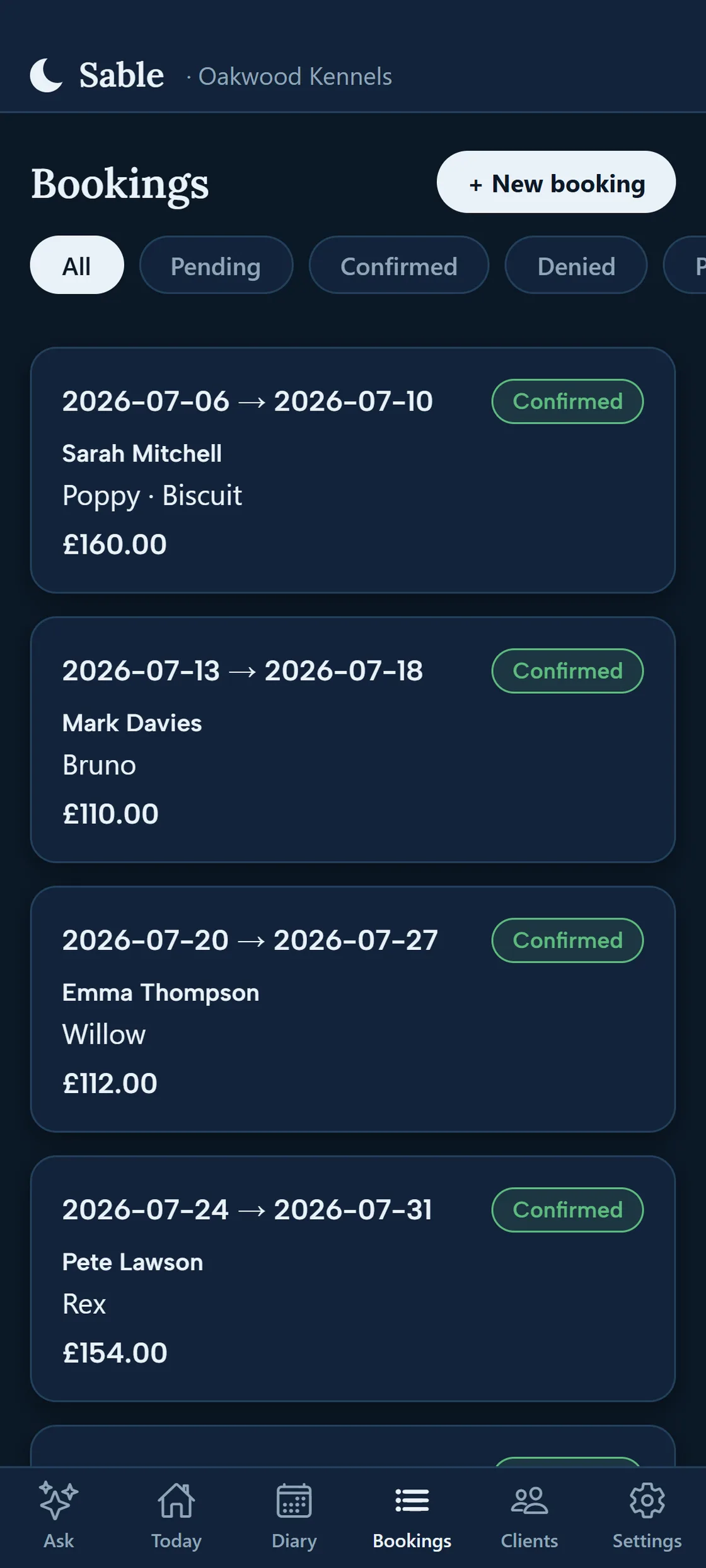 The bookings list with statuses and totals